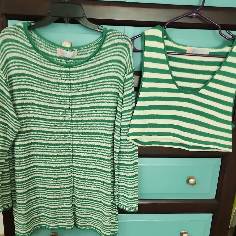 Free People BEACH Green Striped Women's Sweater Set